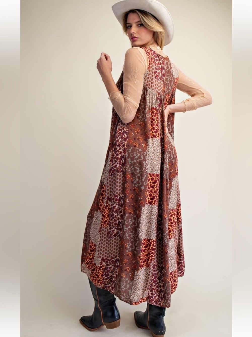 412 ❤️ mocha EASEL PATCHWORK PRINTED RAYON GAUZE JUMPSUIT - Picture 3 of 3